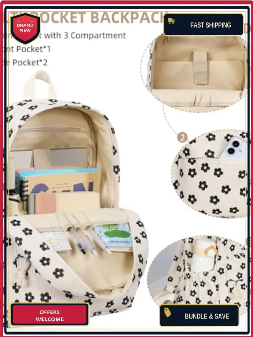 Cute Corduroy Backpack for Teens Girls Women 15.6 Inch Laptop School Bag